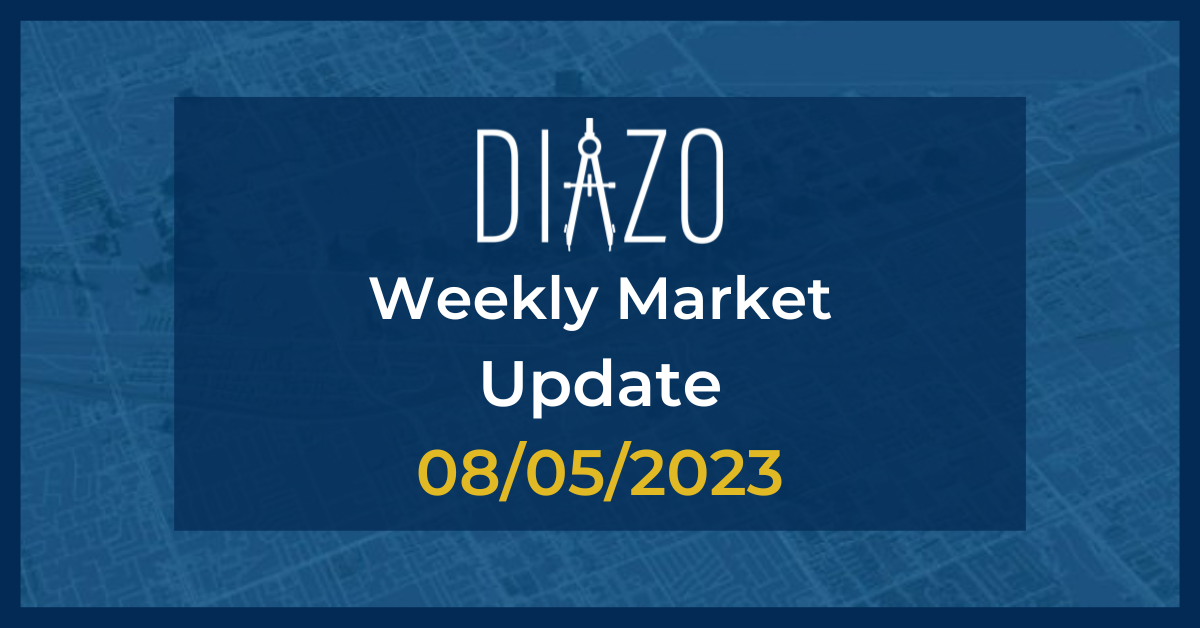 An image that reads "Diazo Weekly Market Update from august 5, 2023" over a blue background. 