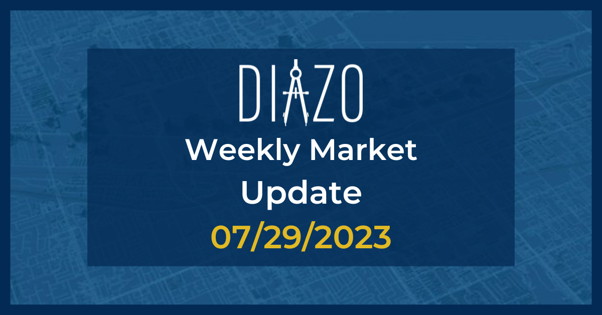 Blue image with white text that reads, "Diazo weekly market update", with yellow text that reads the date of 07/29/23. 