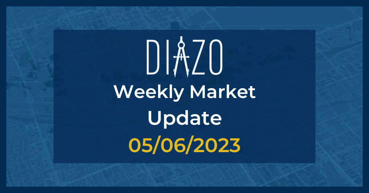 Blueprint image background with navy blue box centered. Inside box is white Diazo logo with text stating Weekly Market Update 05/06/2023