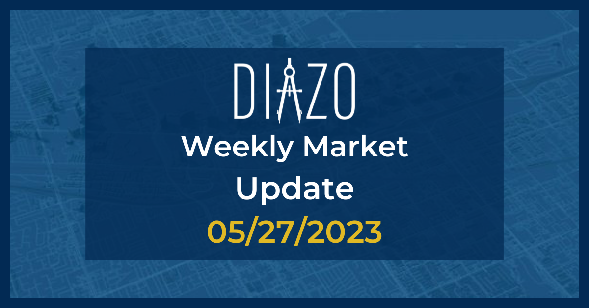 Blueprint image background with navy blue box centered. Inside box is white Diazo logo with text stating Weekly Market Update 05/27/2023