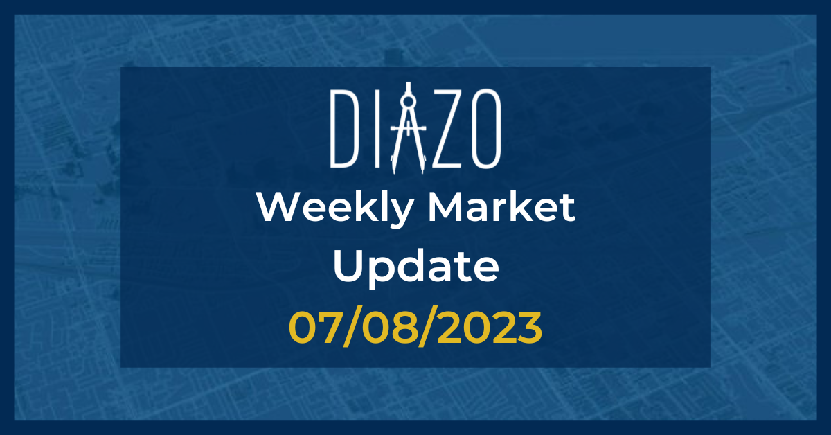 Graphic for Diazo weekly market update for July 8 2023, with a navy blue background. 