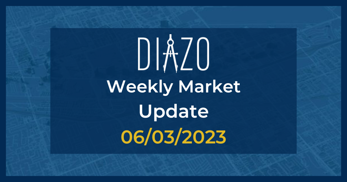 Blueprint image background with navy blue box centered. Inside box is white Diazo logo with text stating Weekly Market Update 06/03/2023