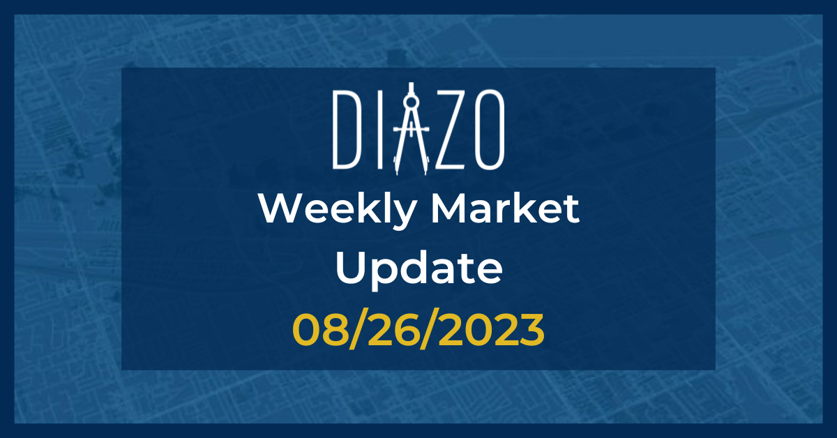 A blueprint of Las Vegas as the background with a centered navy blue box with a white Diazo logo and white lettering stating Weekly Market Update 08/26/2023